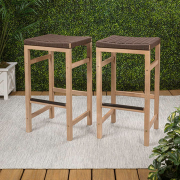 Armand 30" Modern Coastal Backless Acacia Wood Outdoor Bar Stool with Woven Rope Seat
